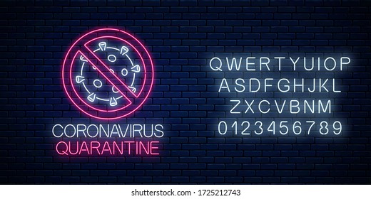 Coronavirus quarantine neon sign with alphabet. COVID-19 virus caution symbol in neon style. Coronavirus outbreak stop icon. Vector illustration. Shiny world pandemic alert design