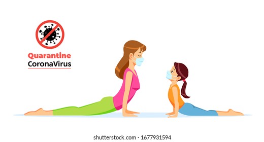 Coronavirus. Cuarentena Sin Infecciones y Parar Conceptos de Coronavirus. Madre e hija haciendo ejercicios de yoga en casa. Coronavirus en cuarentena familiar con máscaras protectoras. Vida normal en aislamiento