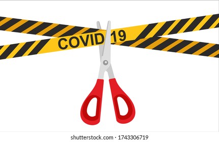 Coronavirus quarantine is over. Pandemic end. COVID-2019. Cut yellow tape. Scissors cut a yellow tapes with the text COVID-19. The end of epidemic, vector illustration. Template banner, poster, flyer.
