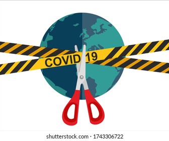 La cuarentena de Coronavirus ha terminado. Fin de la pandemia. COVID-2019. Corta la cinta amarilla. Las tijeras cortan una cinta amarilla con el texto COVID-19. El fin de la epidemia, la ilustración vectorial. Cartel de plantilla, afiche, volante.