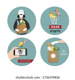 Conjunto de cuarentenas de Coronavirus de cuatro ilustraciones en círculos. Compras seguras. Compras en línea. Entrega de comida fresca más nutritiva. Diseño de pegatinas de vectores.