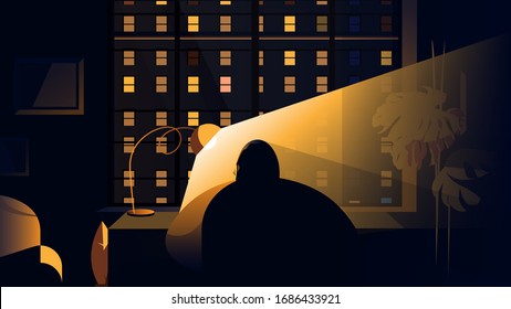 Coronavirus quarantine or social distancing. Man working late night from home on his desk. Telework and smart working concept. View of building with illuminated windows. Editable Vector Illustration