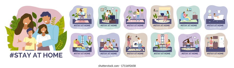 Coronavirus quarantine, stay at home. People sitting at their home, play with kids, relaxing on sofa work remotely reading books, wath movies. Family decrease infection risk for prevent virus covid-19