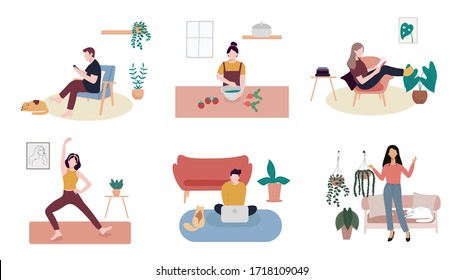 Coronavirus Quarantine, Stay at home, people work at home, Cocking, reading a book, practicing yoga, Gardening and listening  to the music. Vector illustration.