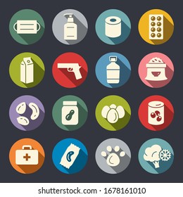 Coronavirus quarantine supply kit flat  vector icon set. COVID-19 household stock up products.