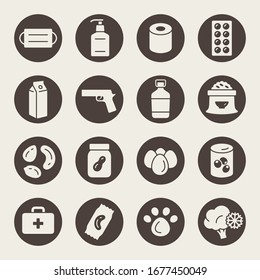 Coronavirus quarantine supply kit vector icon set. COVID-19 self-quarantine household stock up items.