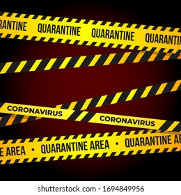 Coronavirus quarantine tape with flying particles virus 2019-nCoV. Quarantine warning sign of Novel Covid-19 outbreak. Pandemic protection concept. 