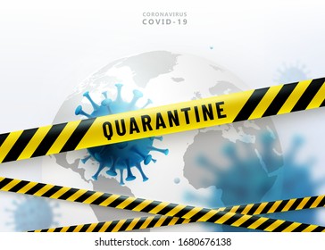 Fondo vectorial de cuarentena de Coronavirus. Virus 2019-ncov atacan el globo terrestre. Tiras de protección de advertencia en color amarillo y negro cruzan la ilustración. Detener el signo de riesgo biológico del texto.