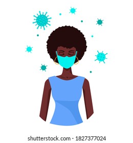 Ilustración plana vectorial de cuarentena de Coronavirus. Joven hermosa mujer afroamericana medita con los ojos cerrados con máscara médica. Convierte el período de aislamiento en casa.  Cara con pelo rizado y piel oscura