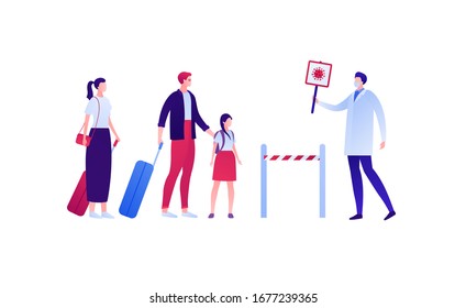Coronavirus and quarantine virus disease concept. Vector flat person illustration. Family with kid and baggage and doctor in medical head mask with stop virus sign. Design for medicine infographic.