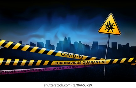 Coronavirus quarantine warning tapes and sign of viral hazard. Quarantined city. Coronavirus epidemic covid-19. Epidemic barrage lines. Pandemic covid-19. Vector grunge template