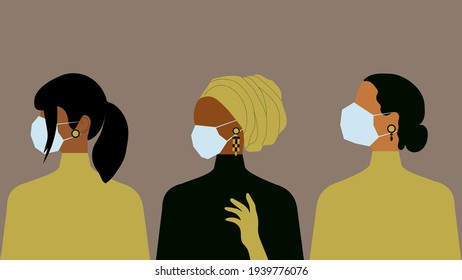 Coronavirus quarantine. Women in medical masks of different nationalities and religions. Women's Day. Modern vector graphics.