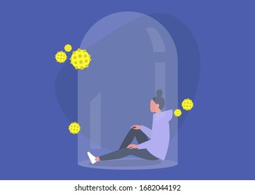 Coronavirus quarantine, young female character isolated under the glass dome, decease spreading prevention 