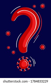 Coronavirus with question mark. Concept of the end or continuation of the Covid-19 epidemic. End of quarantine, lockdown and pandemic. Stock vector illustration on dark background.