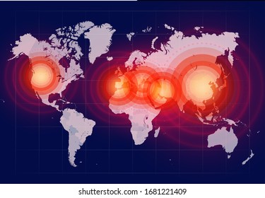 Coronavirus Radial Circles On World Map, COVID-19 2019-nCoV Virus Spreading Around Planet Banner For Breaking News About Corona Virus, Background For Medical News And Graphical Image Of Statistics.