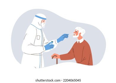 Coronavirus rapid lab test for elderly. Doctor taking nasal nose swab with cotton stick for PCR covid medical research of old senior man. Flat graphic vector illustration isolated on white background