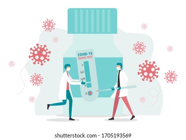 Coronavirus rapid test. Novel Coronavirus Covid-19. Two doctors doing a rapid test for a 2019-nCov patient. Concept of healing disease caused by the Coronavirus outbreak. Flat style illustration.