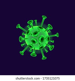 Coronavirus realistic vector illustration. Bacterial cell. Pathogenic organism. Microbiological analysis. 3d isolated color circle shape microorganism. HIV under microscope on dark blue background