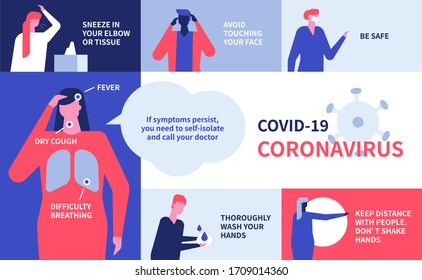 Coronavirus recommendations - colorful flat design style illustration. Protective measures, symptoms poster. Wash hands, social distance, sneezing into elbow, no handshake, avoid touching face advice