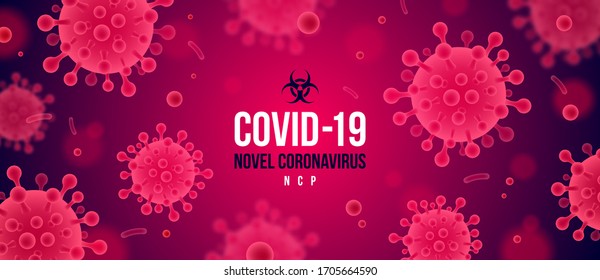 Coronavirus red background. Novel coronavirus 2019-nCoV illustration. Concept of dangerous Covid-19 pandemic poster. Vector design.