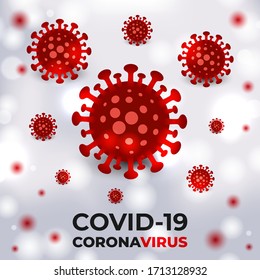 Coronavirus red bacterial cells on a white medical vector background with typography. Covid19 red colored viral cells. Corona virus realistic covid-19 vector background.