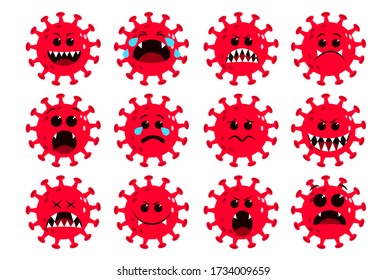 Coronavirus red icon vector set. Covid-19 ncov corona virus flat emoji and emoticon with angry, cry and surprise facial expression isolated in white background. Vector illustration.    