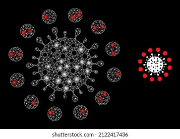 Coronavirus red zone icon and bright network coronavirus red zone model with sparkle light spots. Illuminated model is done from coronavirus red zone vector icon and triangle mesh.