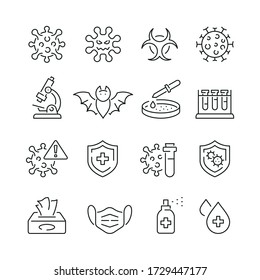 Coronavirus related icons: thin vector icon set, black and white kit