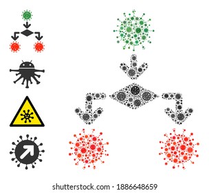 Coronavirus Replikationsbakterien Mosaik Symbol. Die Replikationsrate von Coronavirus wird aus verstreuten Infektionspiktogrammen gebildet. Bonuspiktogramme werden hinzugefügt. Flacher Stil.