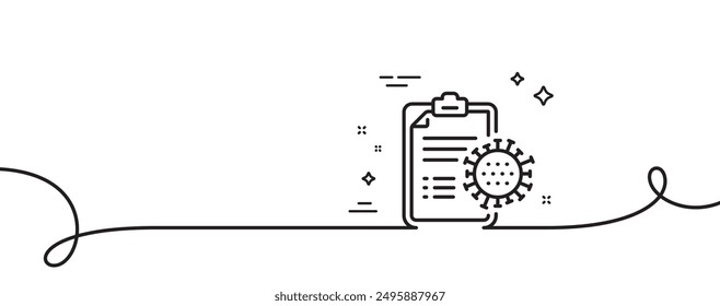 Icono de línea de reporte de coronavirus. Una línea continua con rizo. Signo de tratamiento del virus de Covid-19. Símbolo del virus Corona. Informe de coronavirus cinta de contorno único. Patrón de curva de bucle. Vector