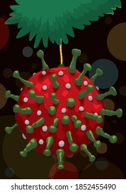 Representación del Coronavirus como una bola decorativa, colgada en un pino de Navidad.