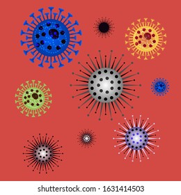 Coronavirus reproduction. Various modifications of viral strains. Pandemic concept with dangerous cells. Chinese Quarantine 2019-nCoV. Pathogen pneumonia laboratory tests. Medical vector illustration