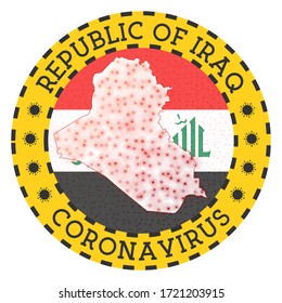 Coronavirus in Republic of Iraq sign. Round badge with shape of Republic of Iraq. Yellow country lockdown emblem with title and virus signs. Vector illustration.