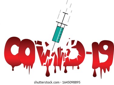 Coronavirus Rescue Concept Vektorillustration Illustration. Eine Spritze mit einem Impfstoff bricht eine ominöse Lava-rote Inschrift covid-19 mit blutigen Patronen.