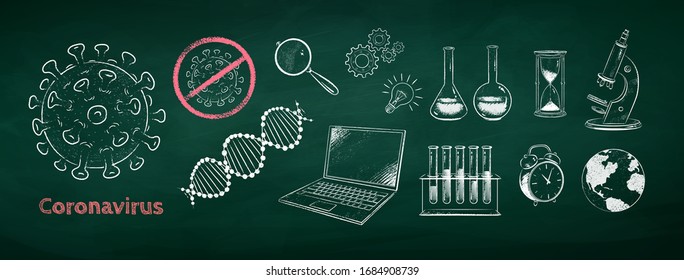 Coronavirus research concept isolated on green chalkboard background. Vector chalk drawn illustration set.