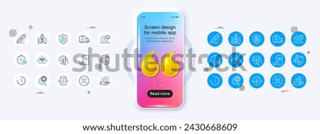 Coronavirus research, Freezing timer and Charge battery line icons. Phone mockup with 3d quotation icon. Pack of Decreasing graph, Ambulance car, Fingerprint icon. Vector