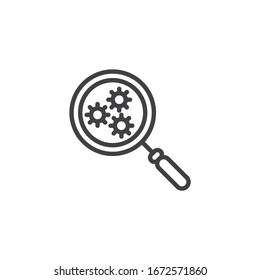 Icono de línea de investigación de Coronavirus. signo de estilo lineal para concepto móvil y diseño web. Icono vectorial de contorno de virus de vidrio de aumento. Símbolo, ilustración del logotipo. Gráficos vectoriales