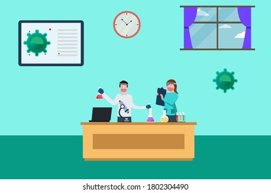 Coronavirus research vector concept: scientist partner wearing face masks and shields while doing research of coronavirus in the laboratory