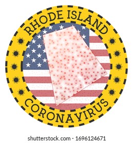 Coronavirus in Rhode Island sign. Round badge with shape of Rhode Island. Yellow US state lockdown emblem with title and virus signs. Vector illustration.