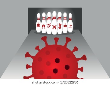 The coronavirus is rolling down the bowling alley. The skittles with the name of the limited types of activities.