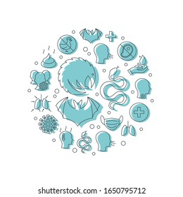 Coronavirus round frame made of line icons. Vector illustration on a white background for medical designs, infographics, posters.