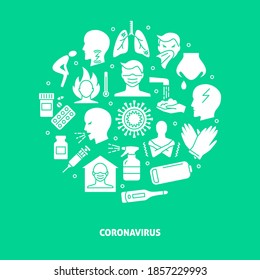 Coronavirus rundes Poster im flachen Stil mit Text. Banner mit covid-19 Zeichen und Schutzzeichen. Vektorgrafik.