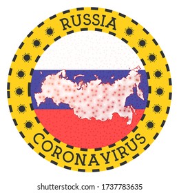 Coronavirus in Russia sign. Round badge with the shape of Russia. Yellow country lockdown emblem with title and virus signs. Vector illustration.