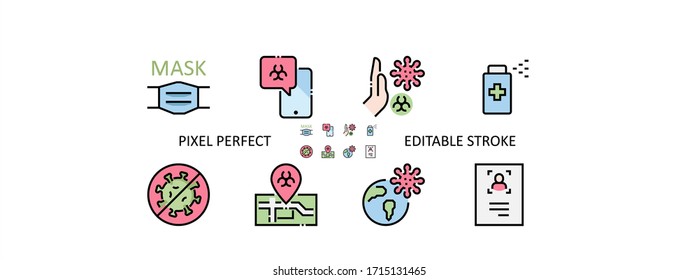 Coronavirus Safety Filled Outline Icons. Colorful Linear Set Vector Line Icon.  Outbreak Map, Washing Hands, Mask and more. 64x64 Pixel Perfect. Editable Stroke