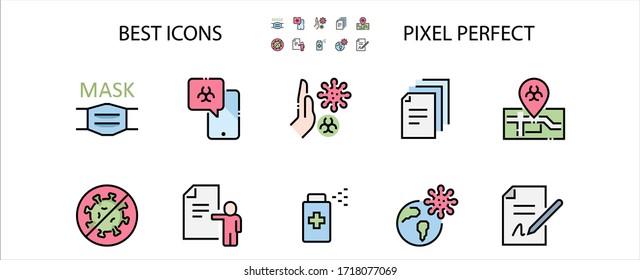 Coronavirus Safety Filled Outline Icons. Colorful Linear Set Vector Line Icon.  Outbreak Map, Washing Hands, Mask and more. 64x64 Pixel Perfect. Editable Stroke