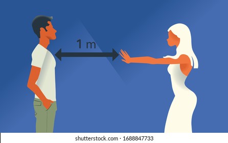 Coronavirus safety tip comics style: Keep safe distance. A guy and a girl on a blue, the girl points the guy at a distance of at least a meter