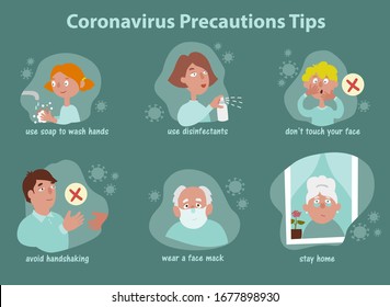 Coronavirus safety tips and precautions guide during quarantine. Family illustrations how to prevent disease further virus disease outbreak. Infographics in cartoon style.