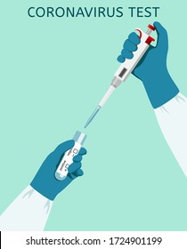 
Coronavirus saliva test in a laboratory. Hands hold test tube and laboratory pipette. Vector illustration in flat style.