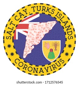 Coronavirus in Salt Cay, Turks Islands sign. Round badge with the shape of Salt Cay, Turks Islands. Yellow island lockdown emblem with title and virus signs. Vector illustration.