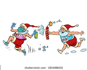 coronavirus Santa Claus 2020 runs after healthy Santa 2021. Comic cartoon retro drawing